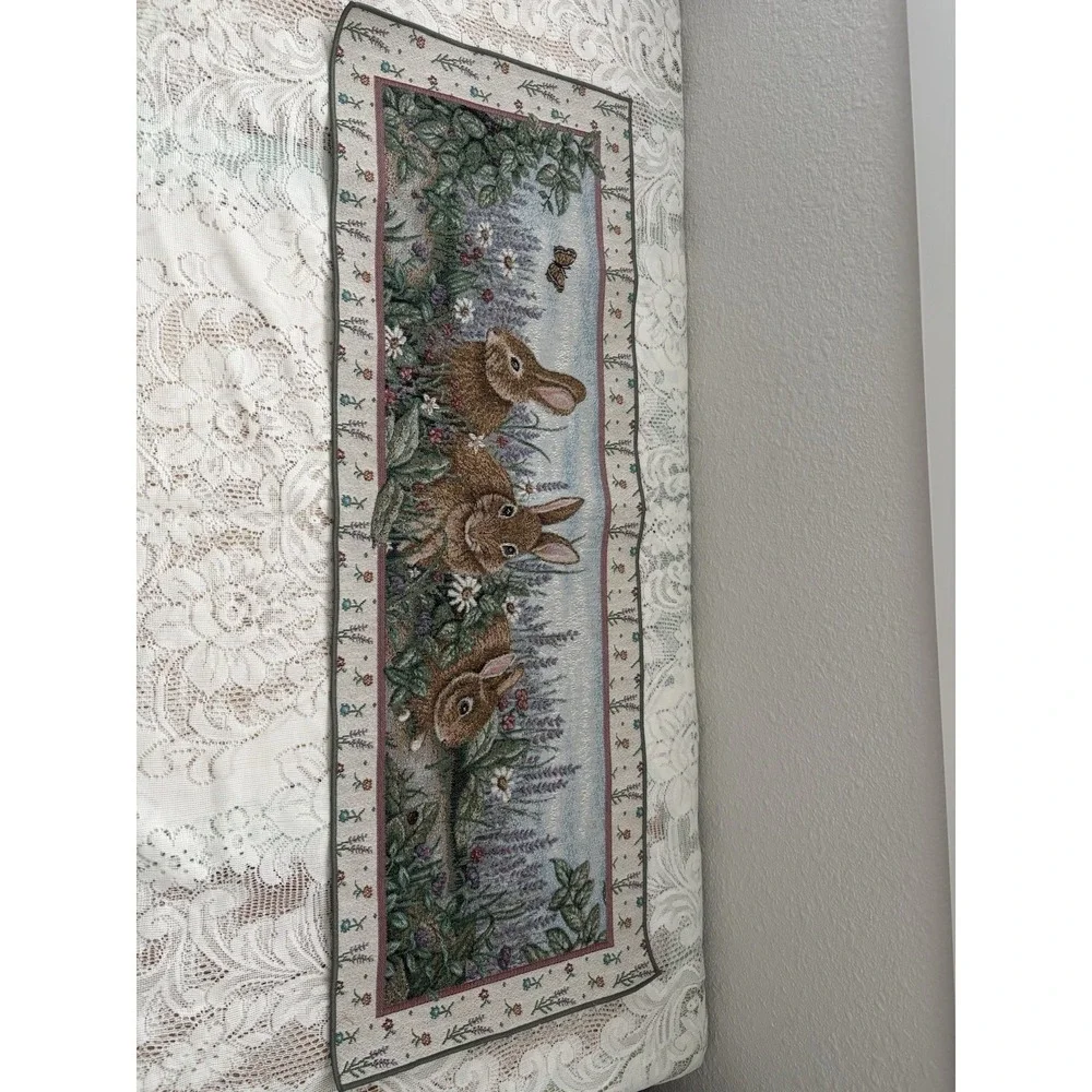 Woodland Bunny Rabbit Floral Woven Tapestry Table Runner Spring Easter Decor